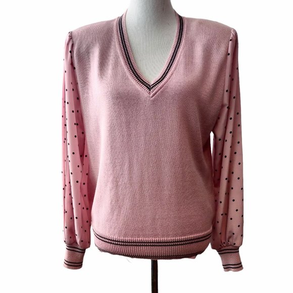 Vintage Adolph Schuman For Lilli Ann Pink V-Neck Polka Dot Sleeves Sweater 12 - Picture 1 of 9